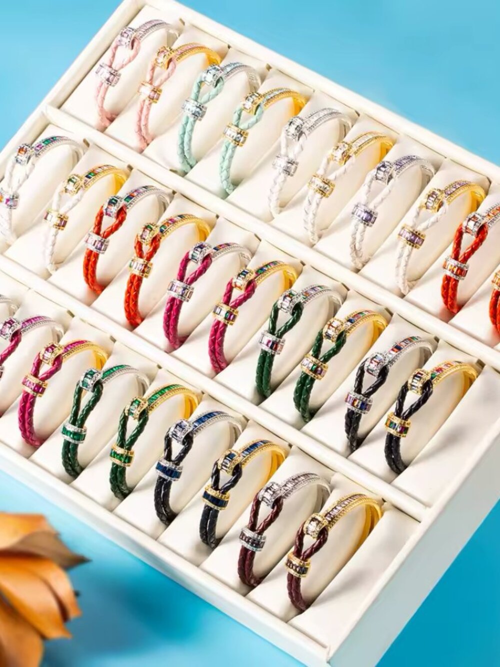 1pcs Zara Braided FAUX Leather Colorful Crystals Mix Wrap Bracelet